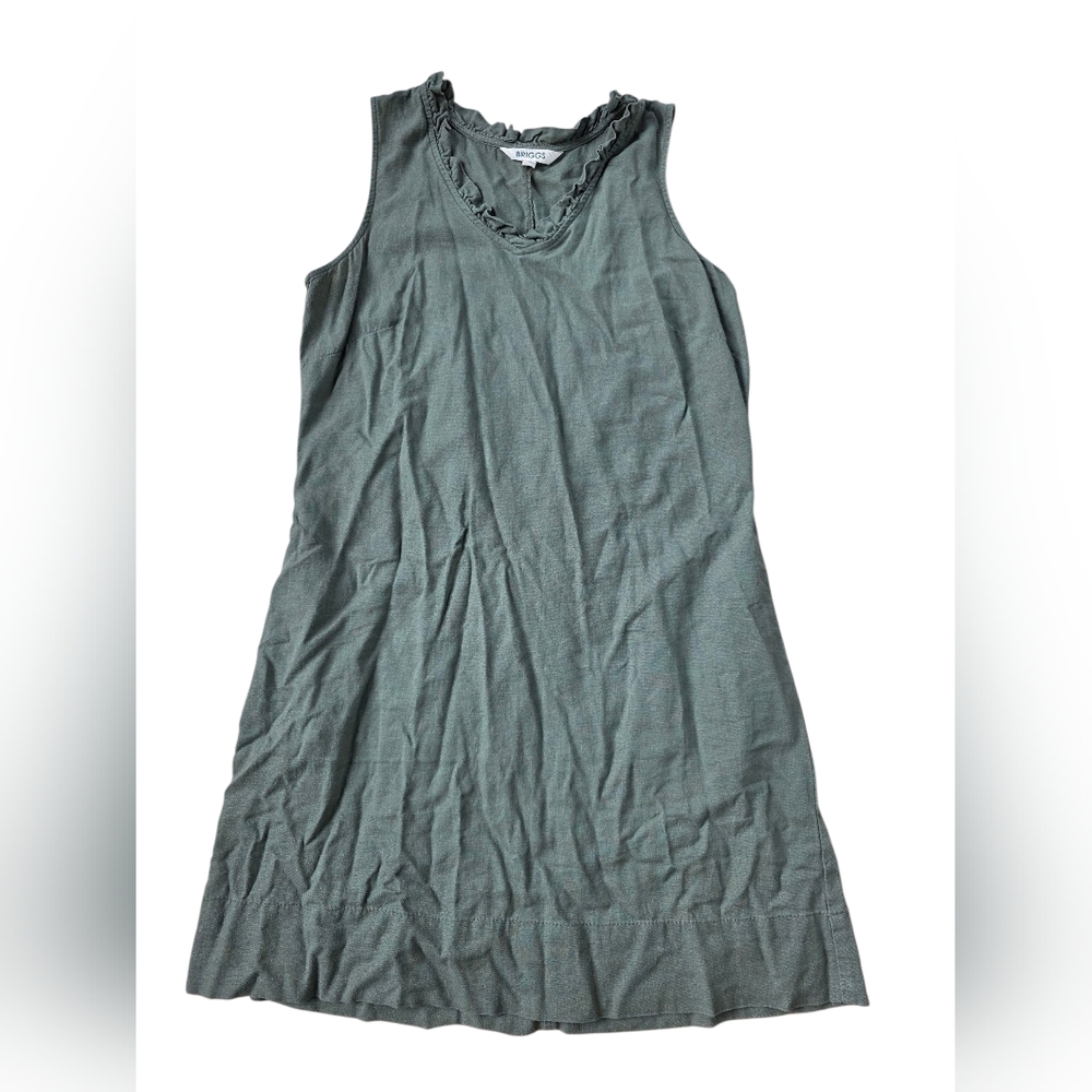 Briggs Sleeveless Mini Dress Sage Green Linen Blend Ruffle Neckline Size M